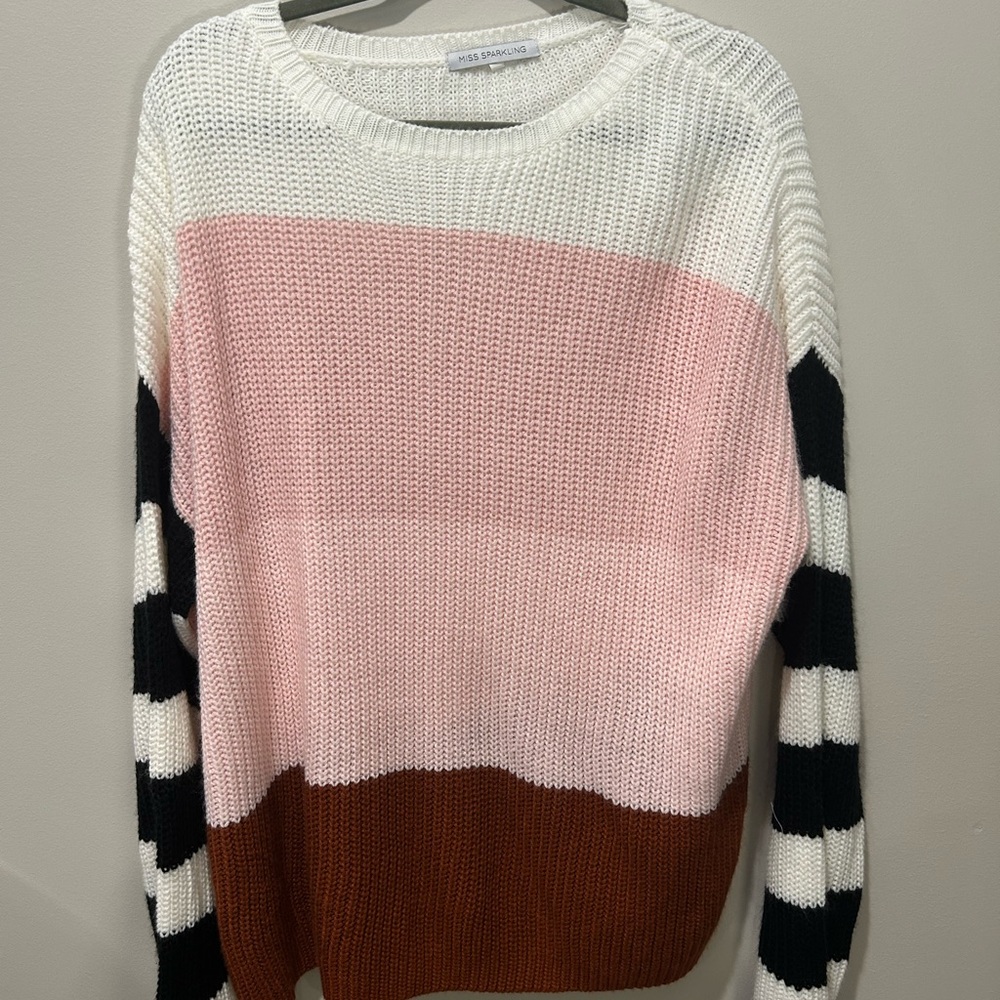 Chic Striped Crew Neck Sweater - Pink, White, Black, Brown